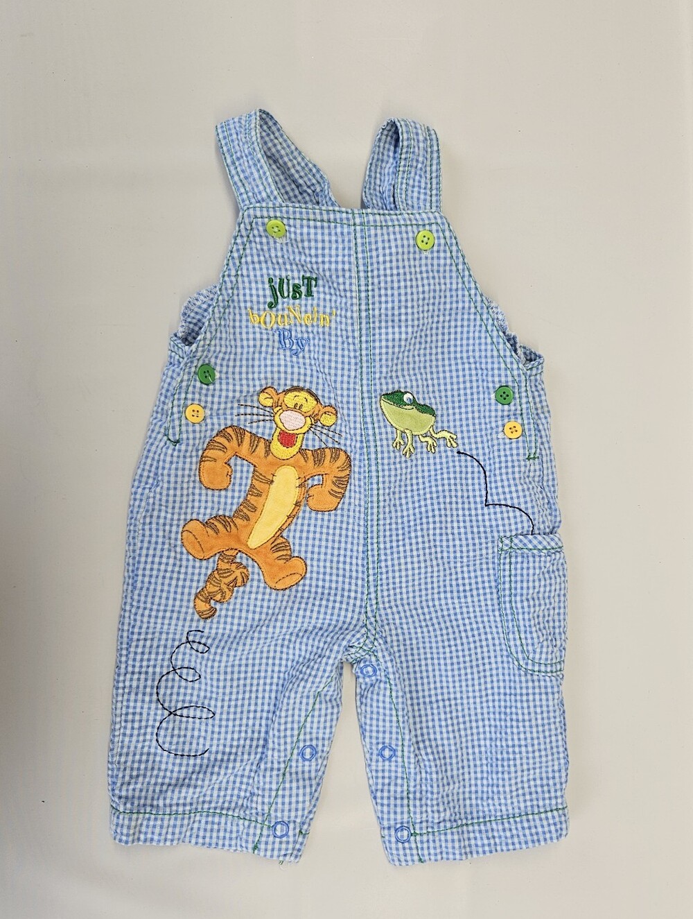 Vtg 1990s Disney Overalls Tigger Baby Just Bouncin' By Gingham Blue White Cotton - Picture 1 of 4